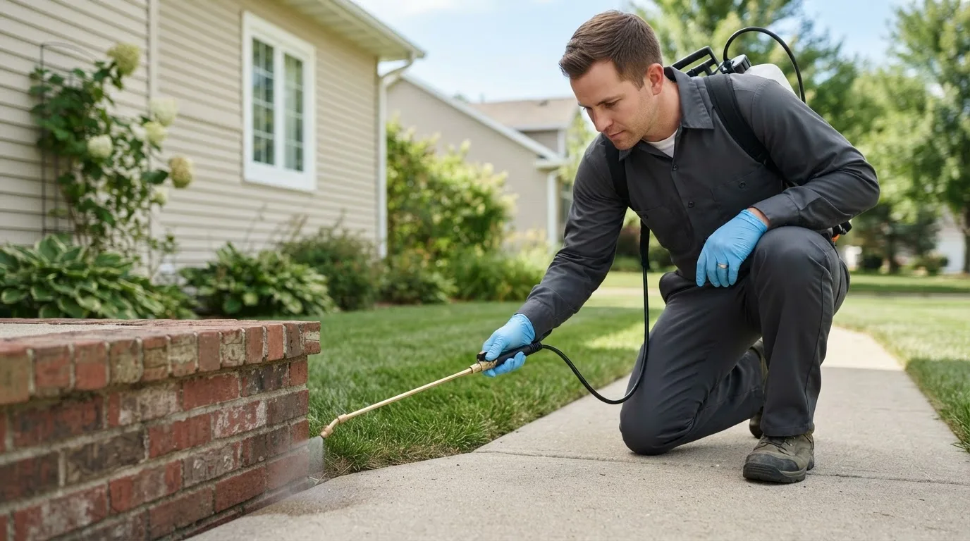 Pest control technician treating a home near Irene, TX
